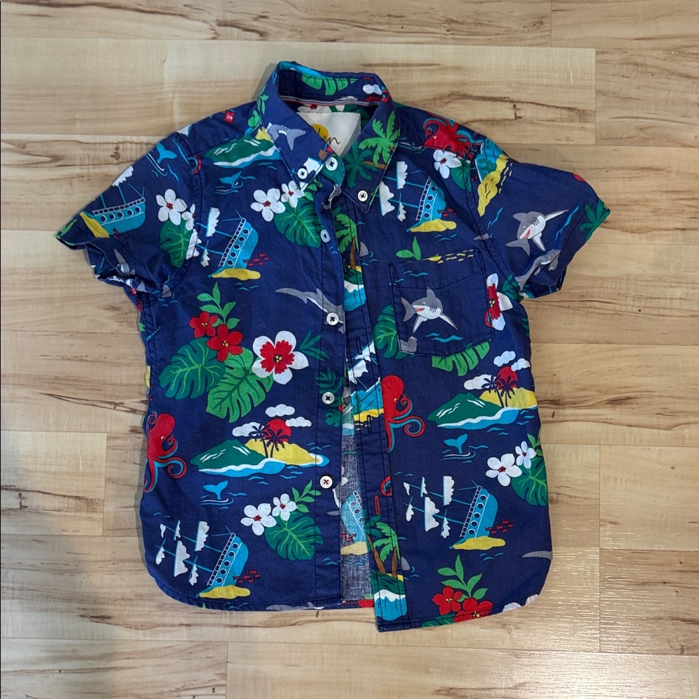 Boden Navy Short-Sleeve Tropical Button-Down Shirt